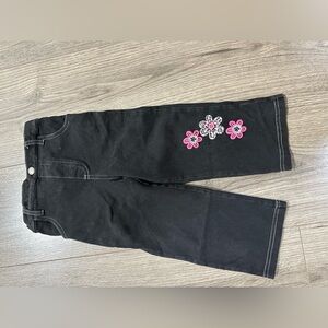 Charming Black Kids Pants with Pink Floral Embroidery